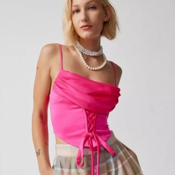 NWT Silence + Noise Mimi Cowl Neck Halter Barbie Hot Pink Top - Picture 2 of 8